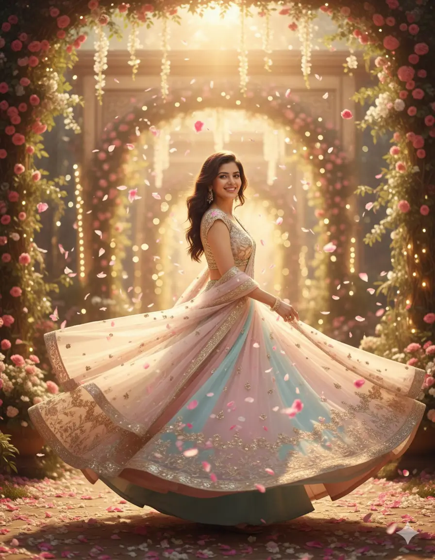 Twirling Beauty in Pastel Chiffon Amid Falling Petals